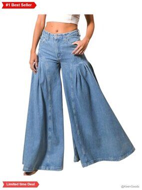 High Waist Stretch Bell Bottom Flare Jeans Pleated Denim Pants